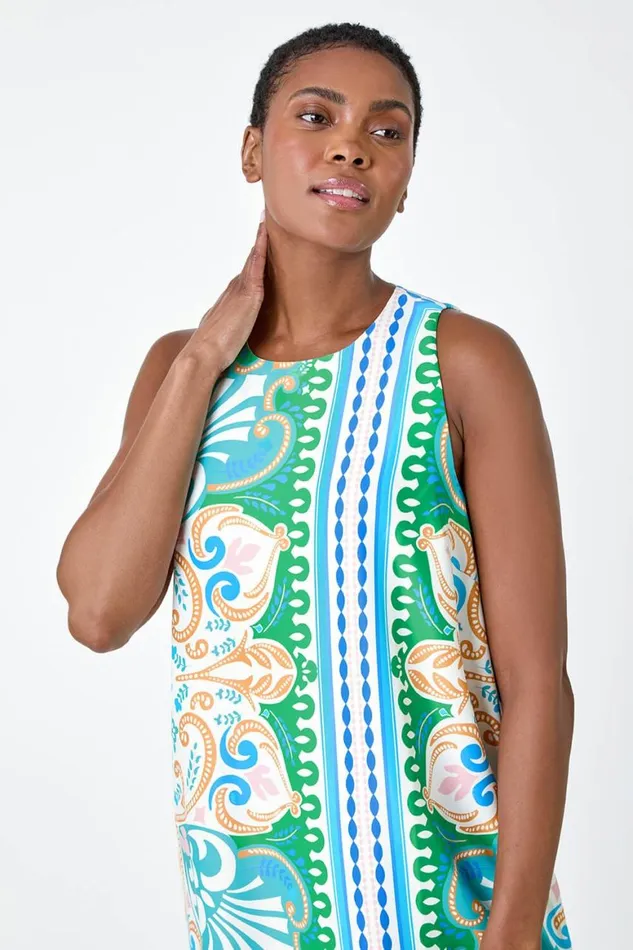 Women Green Scarf Print Satin Feel Shift Dress Roman Dresses