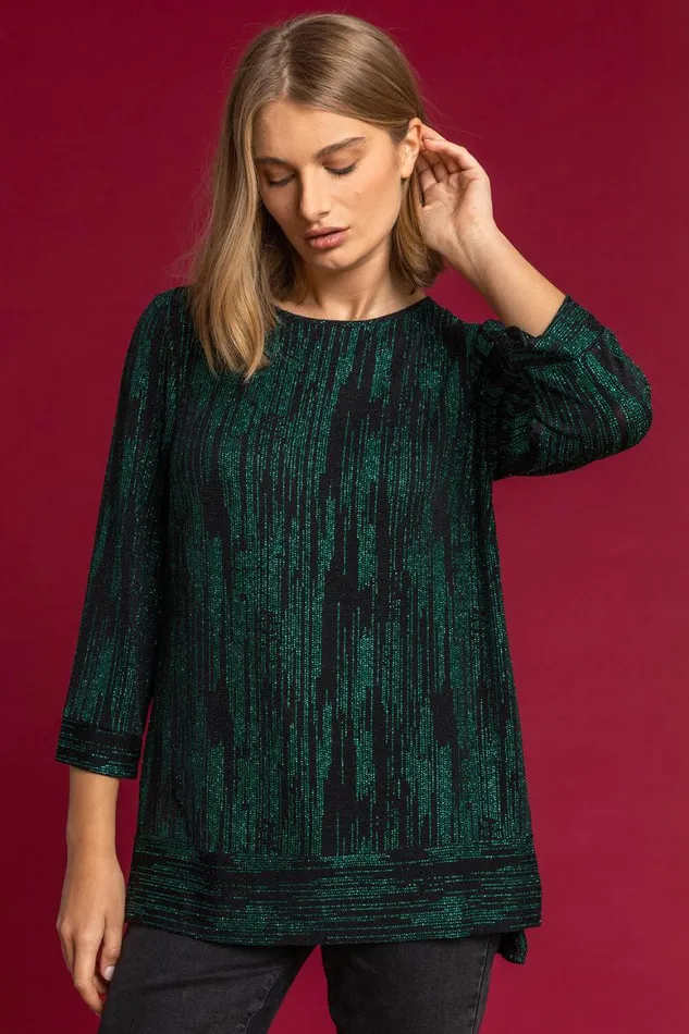 Women Green Shimmer Stripe Glitter Top Roman Tops