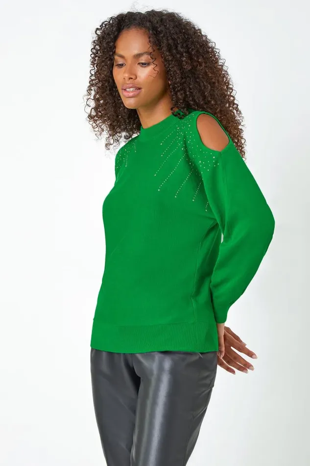 Women Green Sparkle Cold Shoulder Jumper Roman Knitwear