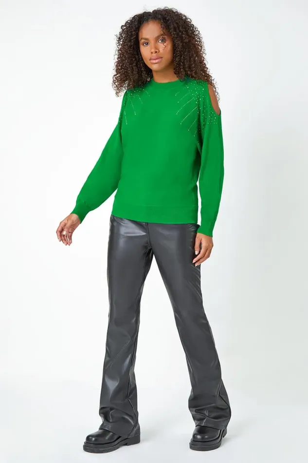 Women Green Sparkle Cold Shoulder Jumper Roman Knitwear
