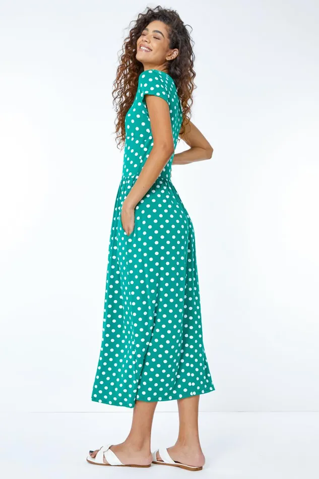 Women Green Spot Print Stretch Midi Dress Roman Dresses
