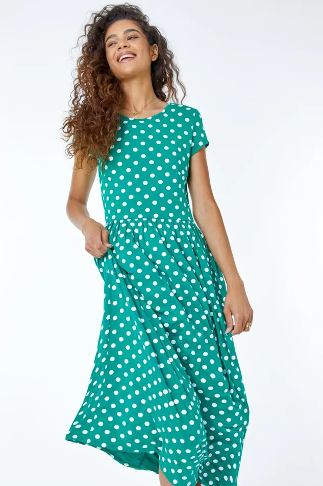 Women Green Spot Print Stretch Midi Dress Roman Dresses