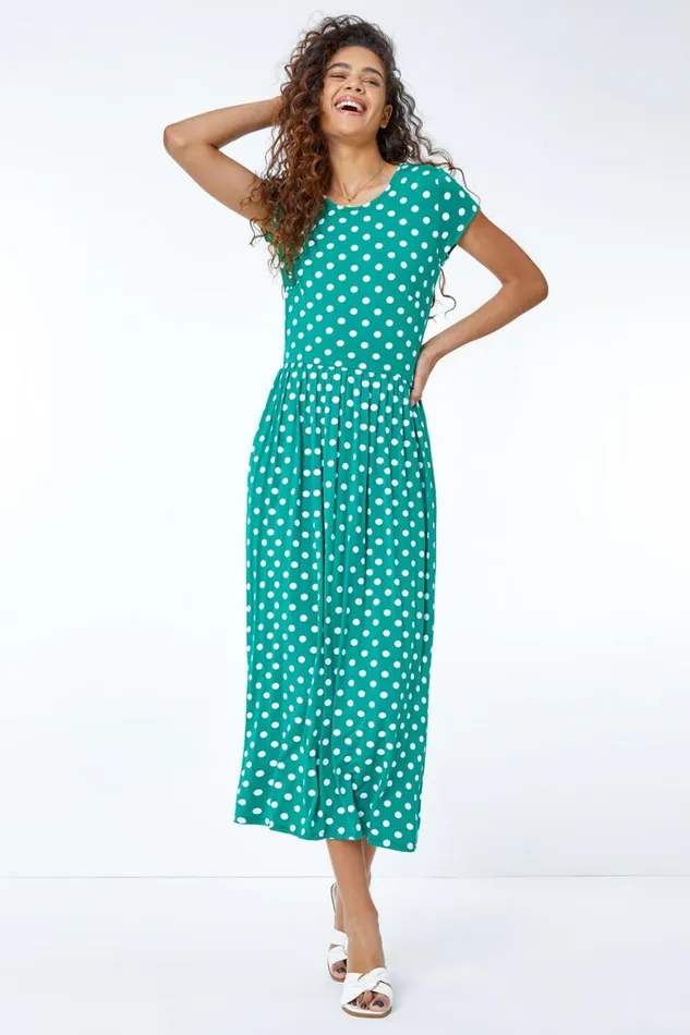 Women Green Spot Print Stretch Midi Dress Roman Dresses