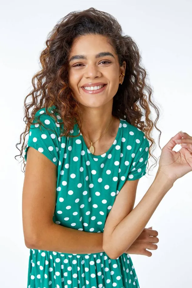 Women Green Spot Print Stretch Midi Dress Roman Dresses