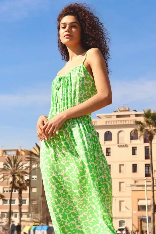 Women Green Strappy Floral Tie Detail Midi Dress Roman Dresses