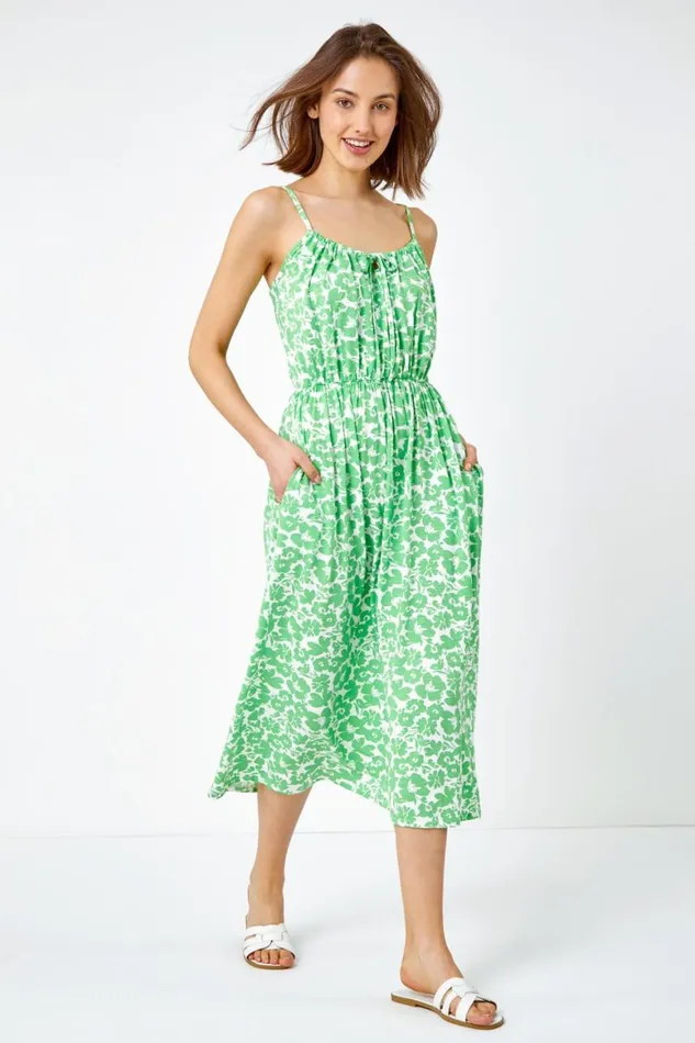 Women Green Strappy Floral Tie Detail Midi Dress Roman Dresses