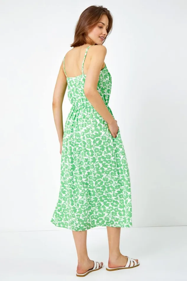 Women Green Strappy Floral Tie Detail Midi Dress Roman Dresses
