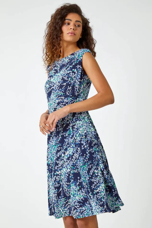 Women Green Textured Floral Print Ruched Dress Roman Dresses