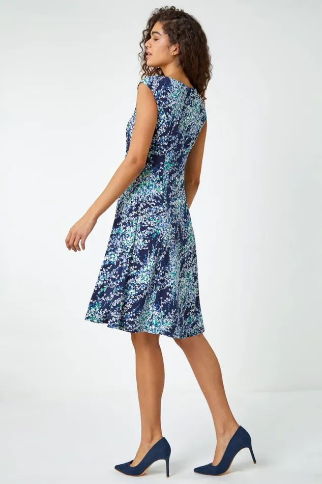 Women Green Textured Floral Print Ruched Dress Roman Dresses