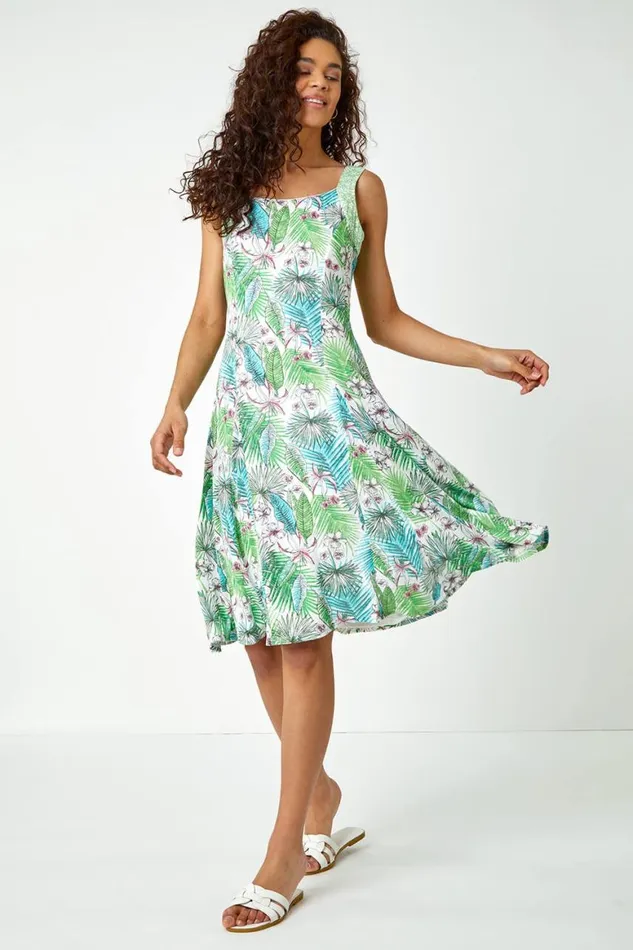 Women Green Tropical Fit And Flare Dress Roman Dresses