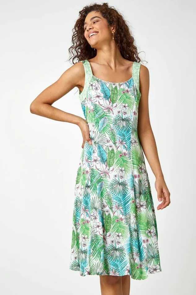 Women Green Tropical Fit And Flare Dress Roman Dresses