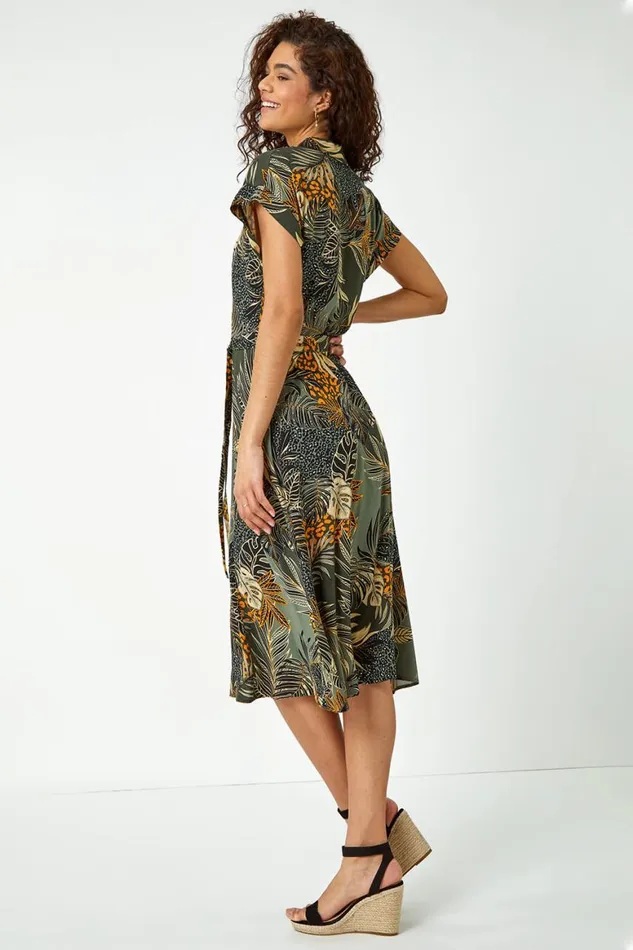 Women Green Tropical Leaf Print Shirt Dress Roman Dresses