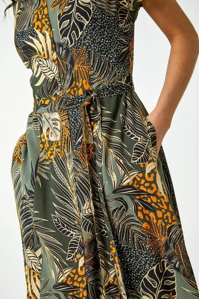 Women Green Tropical Leaf Print Shirt Dress Roman Dresses
