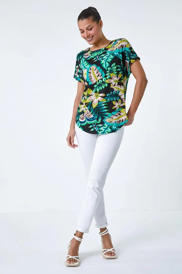 Women Green Tropical Leaf Print Stretch TShirt Roman Tops