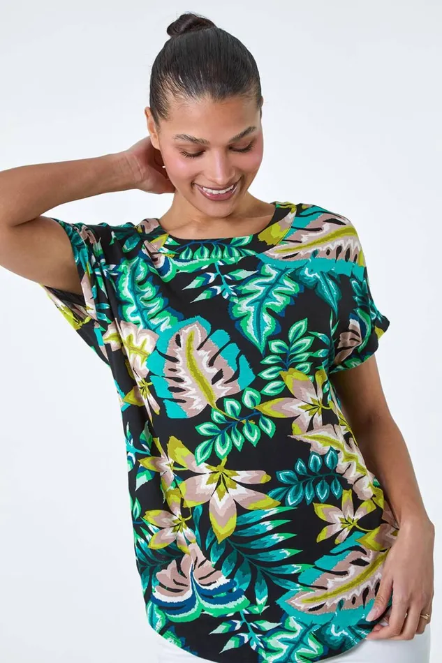 Women Green Tropical Leaf Print Stretch TShirt Roman Tops