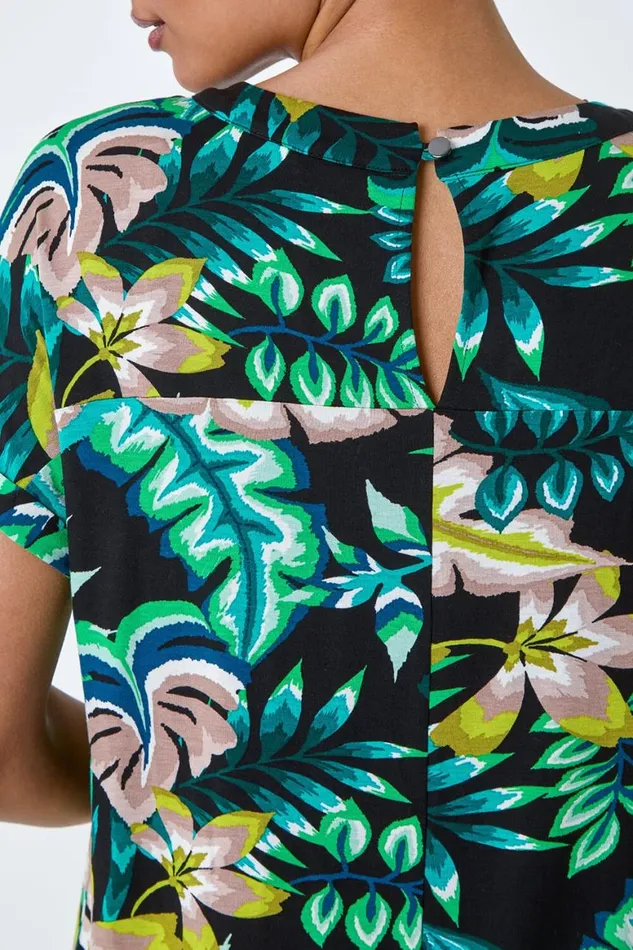 Women Green Tropical Leaf Print Stretch TShirt Roman Tops