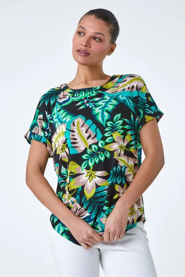 Women Green Tropical Leaf Print Stretch TShirt Roman Tops