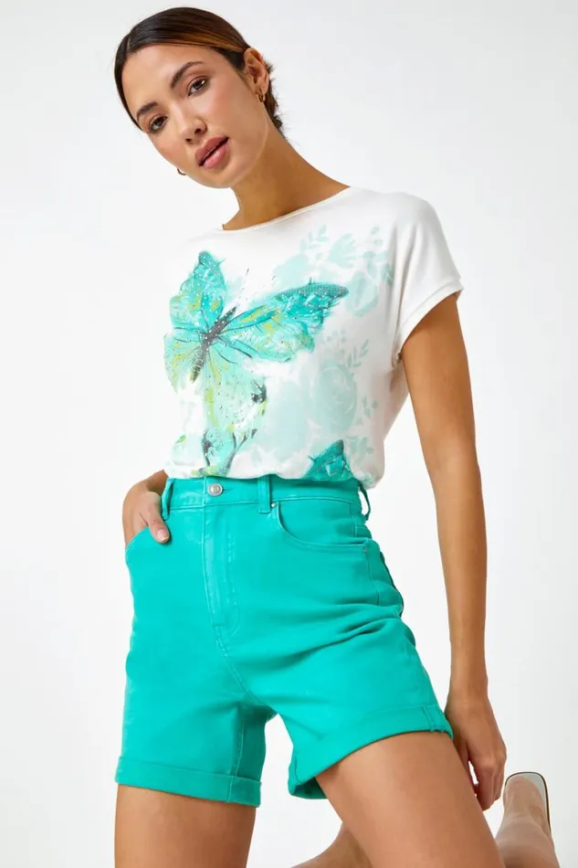 Women Green Turn Up Cotton Stretch Shorts Roman Shorts