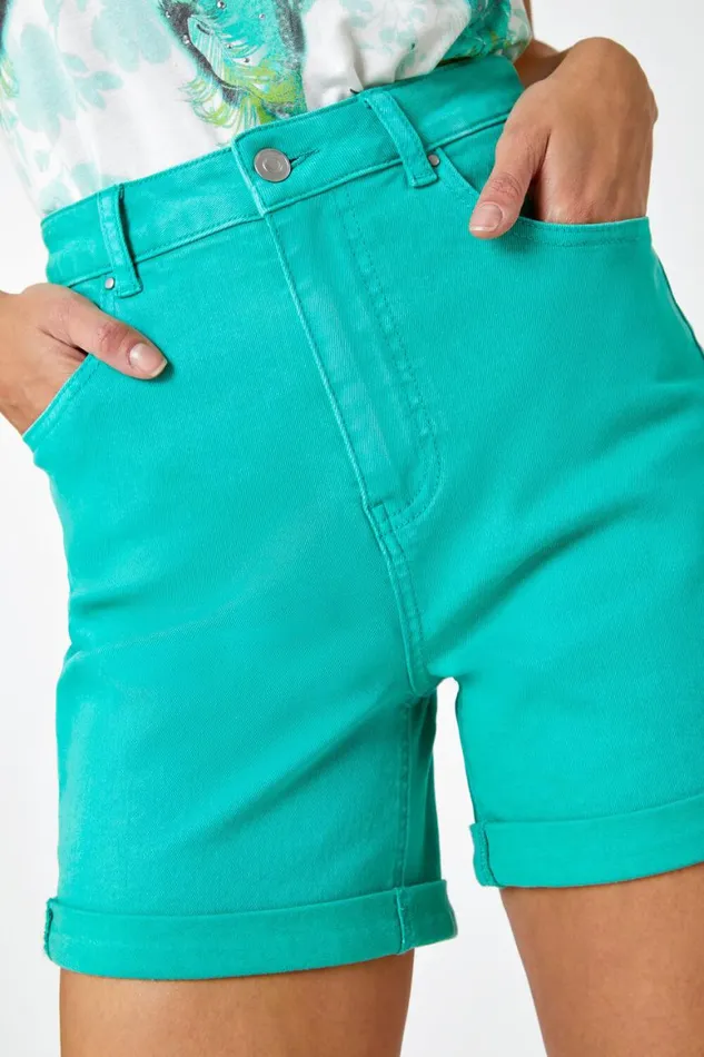 Women Green Turn Up Cotton Stretch Shorts Roman Shorts