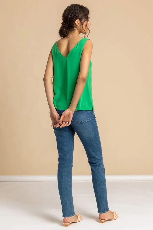Women Green VNeck Sleeveless Vest Top Roman Tops