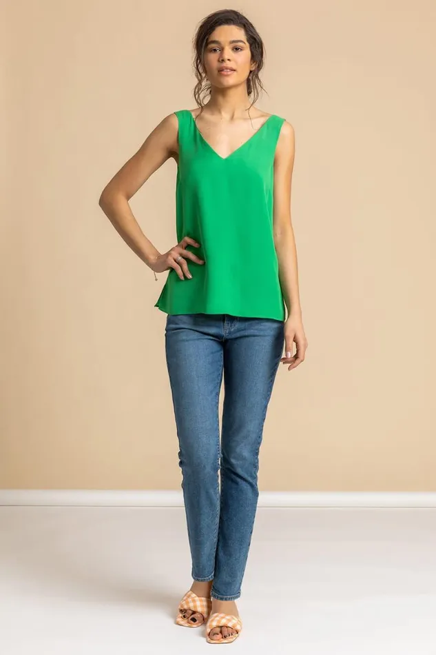 Women Green VNeck Sleeveless Vest Top Roman Tops