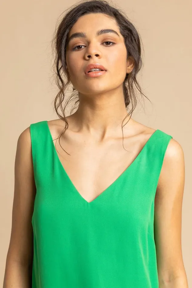 Women Green VNeck Sleeveless Vest Top Roman Tops