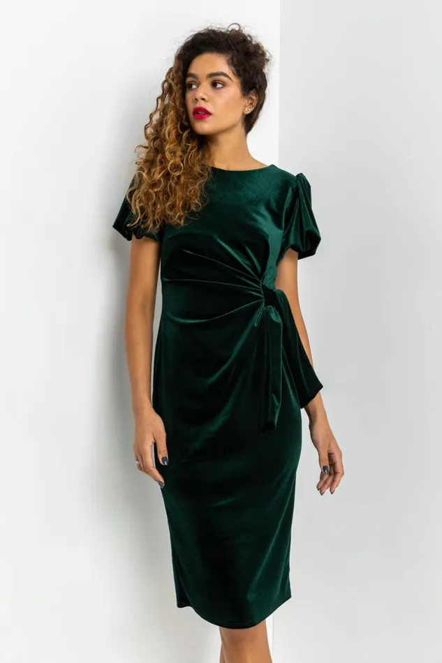 Women Green Velvet Bubble Sleeve Midi Dress Roman Dresses