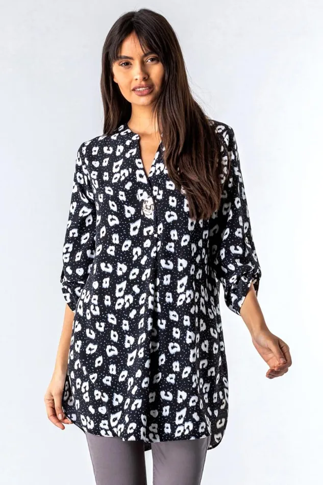 Women Grey Animal Spot Print Button Blouse Roman Tops