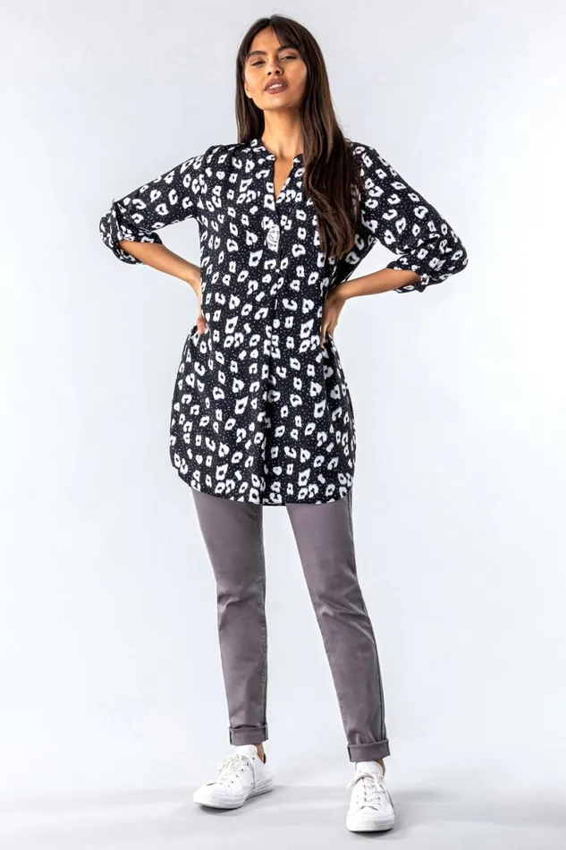 Women Grey Animal Spot Print Button Blouse Roman Tops