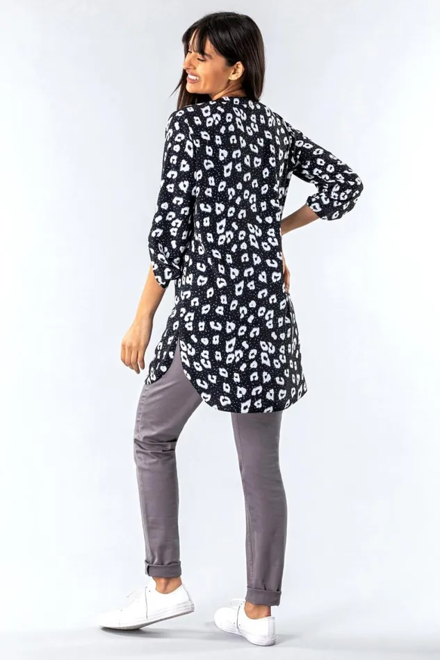 Women Grey Animal Spot Print Button Blouse Roman Tops