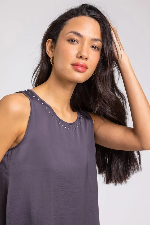 Women Grey Embellished Neck Asymmetric Hem Tunic Top Roman Tops