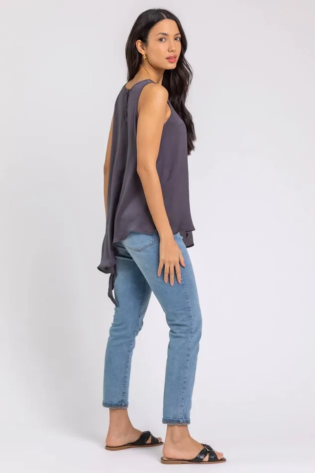Women Grey Embellished Neck Asymmetric Hem Tunic Top Roman Tops