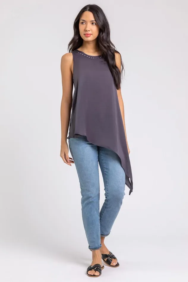 Women Grey Embellished Neck Asymmetric Hem Tunic Top Roman Tops