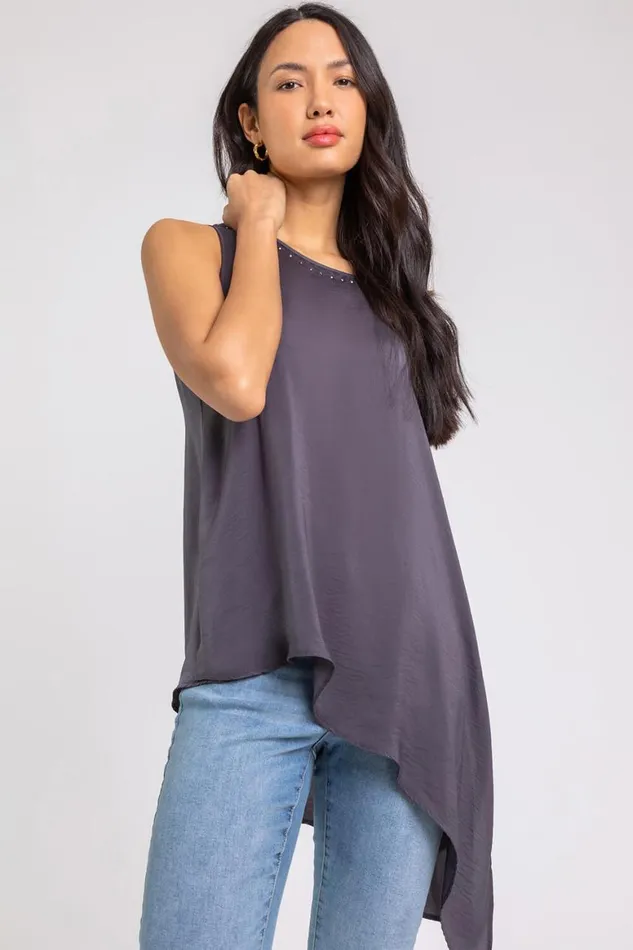 Women Grey Embellished Neck Asymmetric Hem Tunic Top Roman Tops