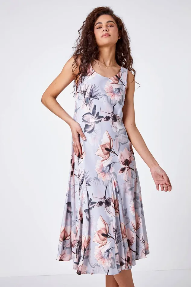 Women Grey Floral Bias Cut Fluted Hem Godet Midi Dress Roman Dresses