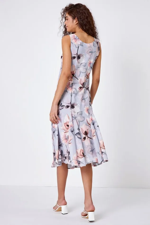 Women Grey Floral Bias Cut Fluted Hem Godet Midi Dress Roman Dresses