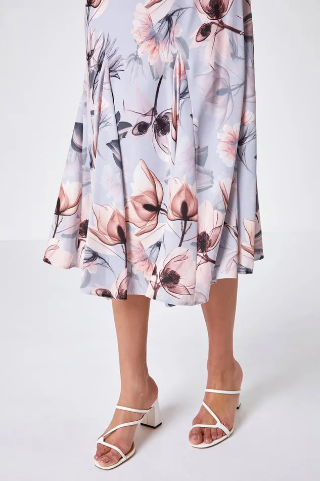 Women Grey Floral Bias Cut Fluted Hem Godet Midi Dress Roman Dresses