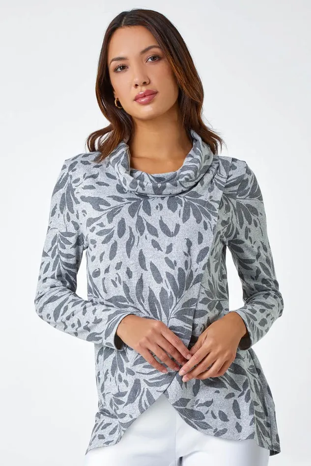 Women Grey Floral Print Cowl Neck Stretch Top Roman Tops