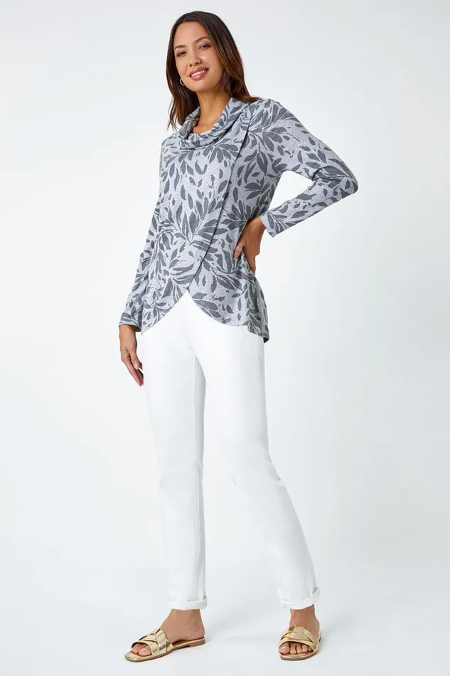 Women Grey Floral Print Cowl Neck Stretch Top Roman Tops