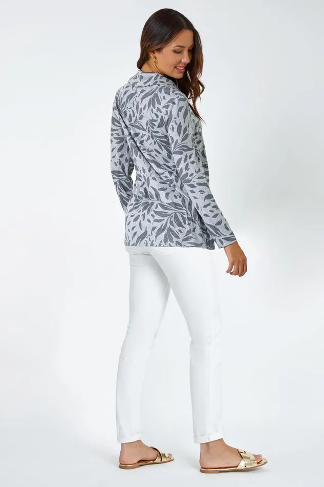 Women Grey Floral Print Cowl Neck Stretch Top Roman Tops