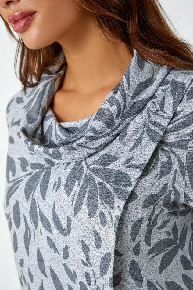 Women Grey Floral Print Cowl Neck Stretch Top Roman Tops