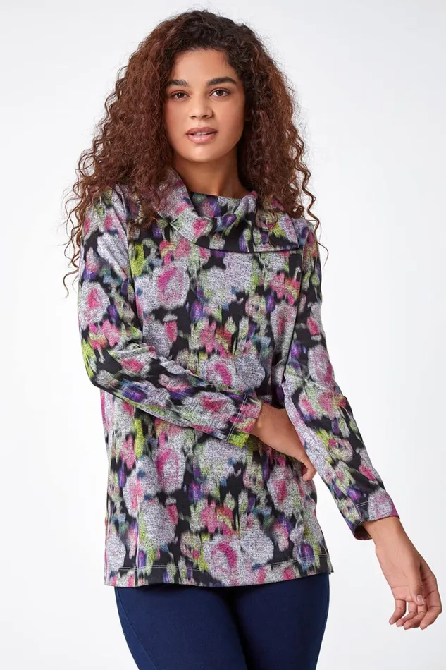 Women Grey Floral Print Fold Neck Stretch Top Roman Tops