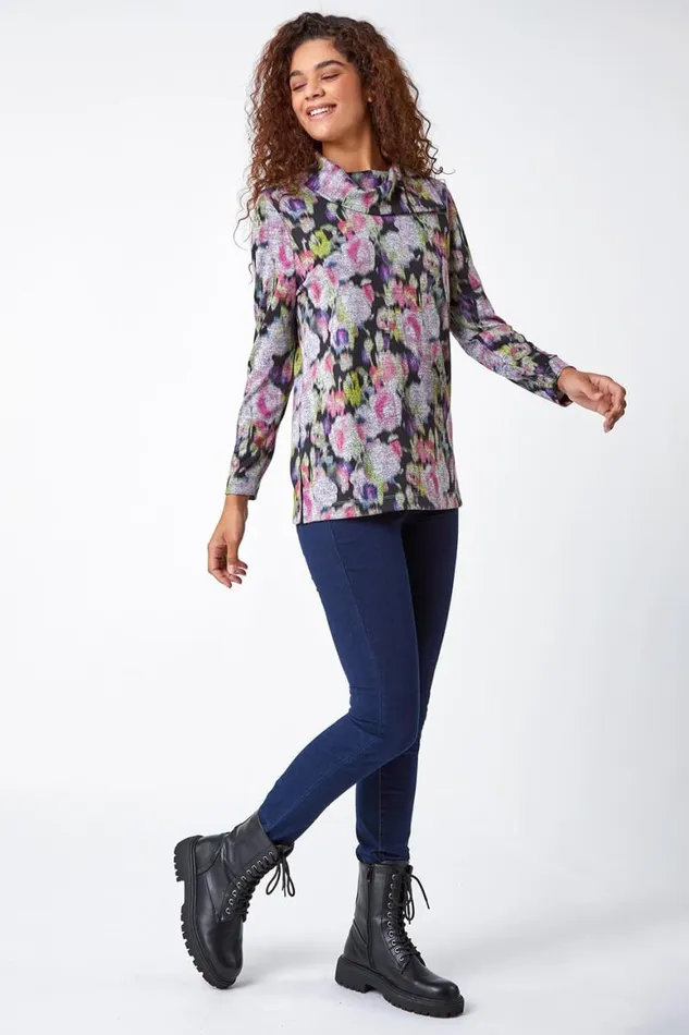 Women Grey Floral Print Fold Neck Stretch Top Roman Tops
