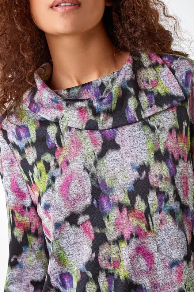 Women Grey Floral Print Fold Neck Stretch Top Roman Tops
