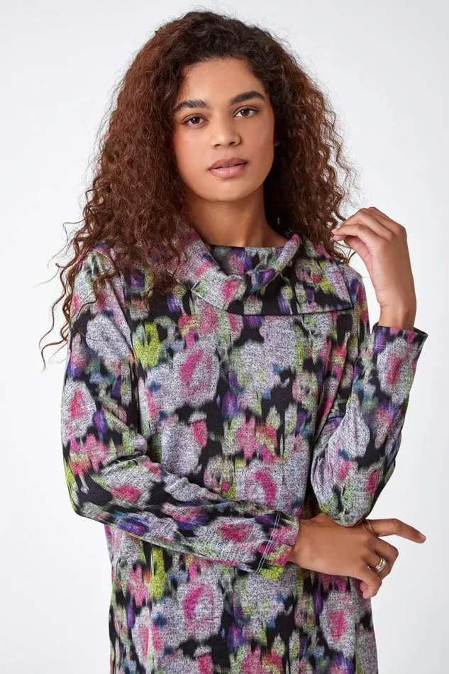 Women Grey Floral Print Fold Neck Stretch Top Roman Tops