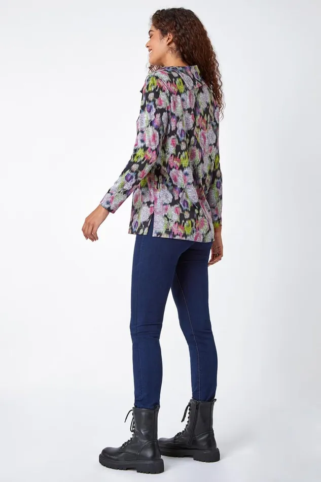 Women Grey Floral Print Fold Neck Stretch Top Roman Tops