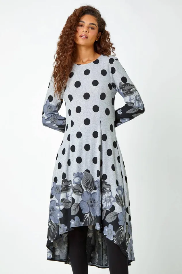 Women Grey Floral Spot Border Print Stretch Dress Roman Dresses