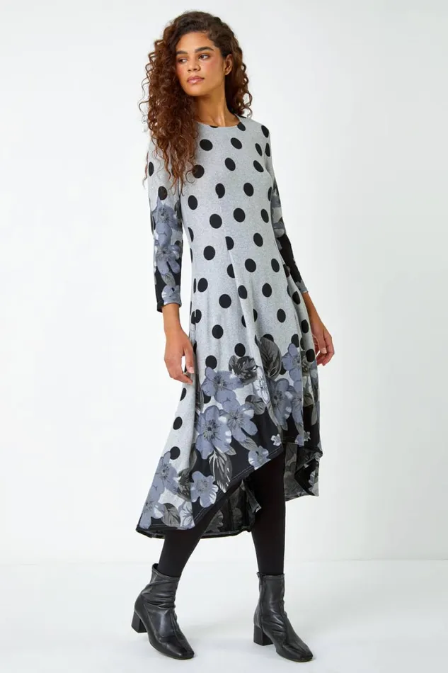 Women Grey Floral Spot Border Print Stretch Dress Roman Dresses