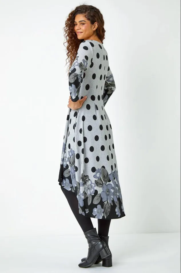 Women Grey Floral Spot Border Print Stretch Dress Roman Dresses