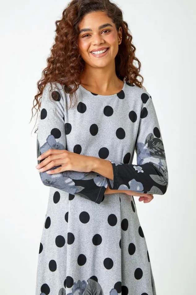 Women Grey Floral Spot Border Print Stretch Dress Roman Dresses
